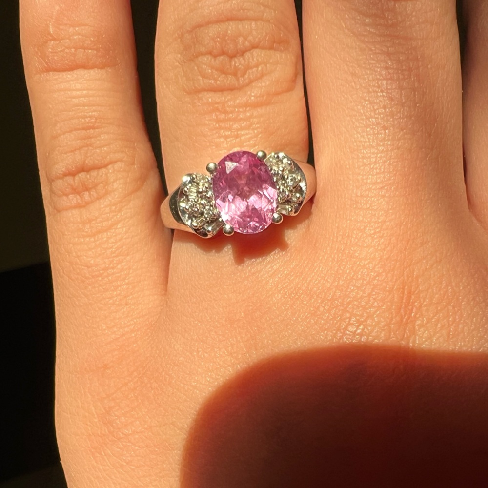 10k white gold diamond ring with pink sapphire gemstone